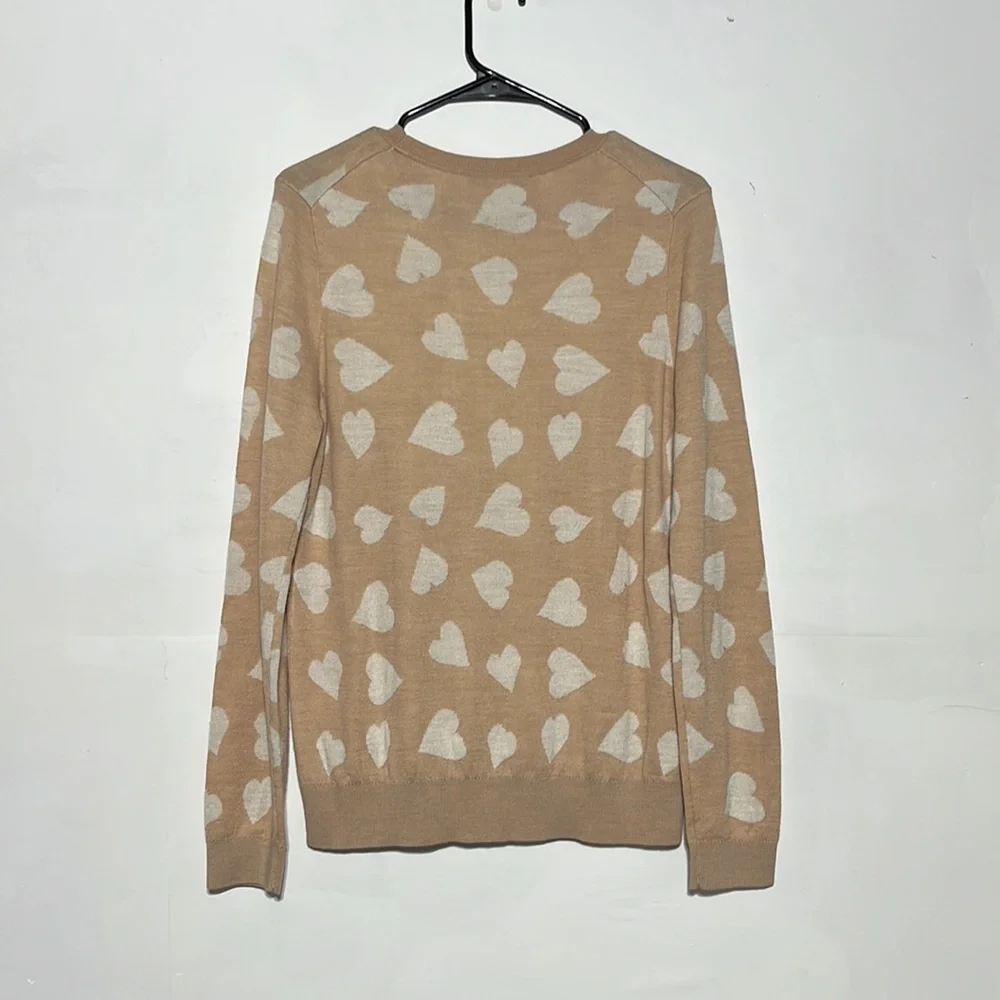 LOFT Nude Blush Pink White Hearts Ribbed Detail Crewneck Sweater Size L - Picture 8 of 9